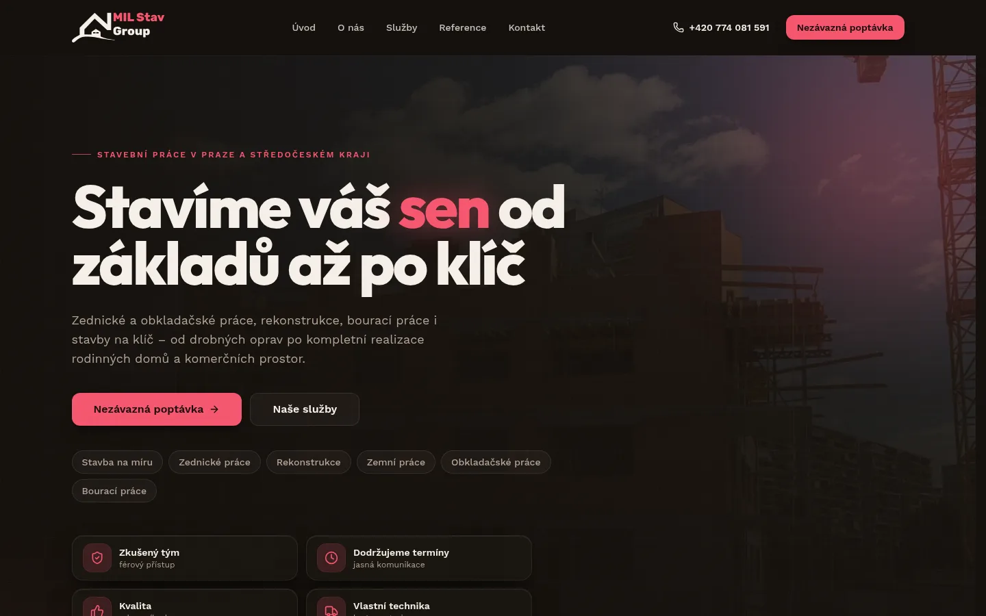 Úvodní stránka webu stavební firmy MIL Stav Group