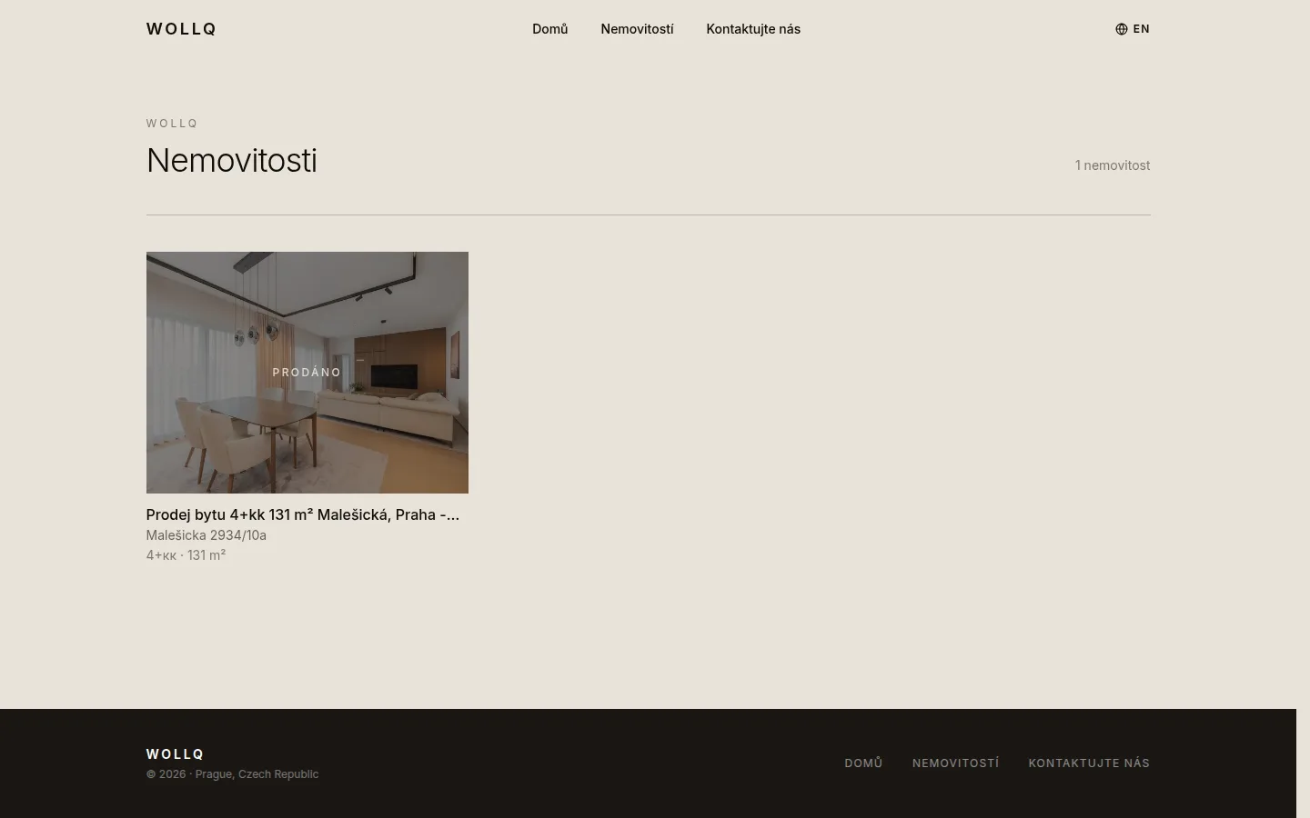 Stránka s nabídkou nemovitostí na webu Wollq